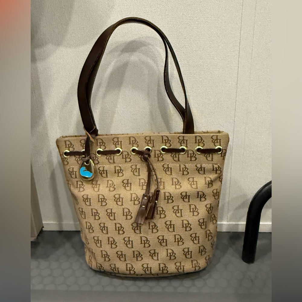 Dooney & Bourke Canvas Leather Monogram Medium Bucket Shoulder Bag Y2K New